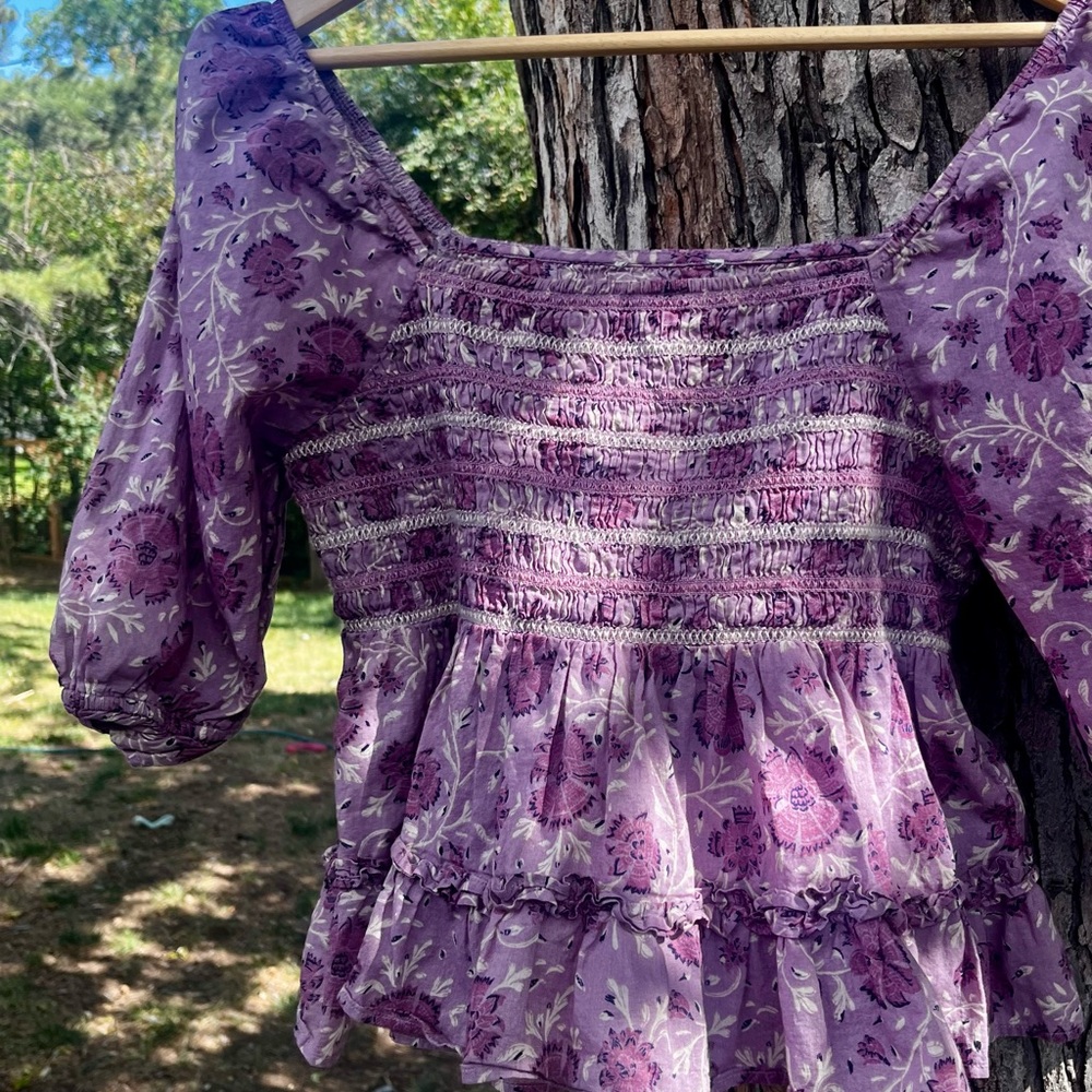 Purple Floral Smocked Peasant Top - Women